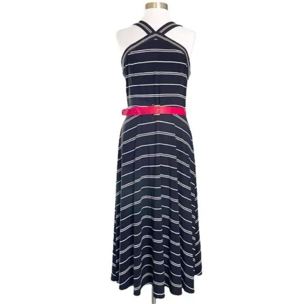 NWT Tommy Hilfiger Black Striped Halter Dress with Red Belt, Sz 12
